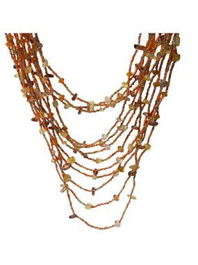 Handmade Beaded Necklace Orange Yellow Glass Beads Multi Strand Retro 70s Women